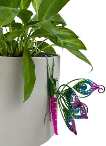 3 Pcs Butterfly & Dragonfly Mix Decorations for Flower Pots - Iron Painted Hanging Ornaments, Plant Pot Potted Hanger Figurines, Outdoor Garden Pendant Decor