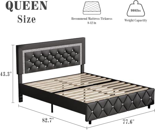 BarnFurin Queen Bed Frame with Diamond Tufted Headboard, Grey