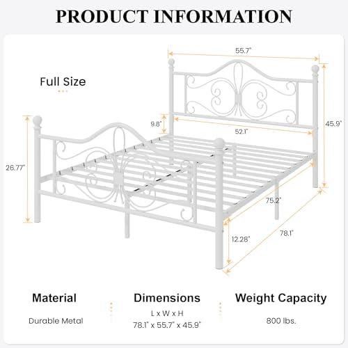 SHA CERLIN Full Size Metal Bed Frame with Butterfly Headboard, White