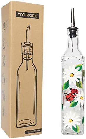 17oz Hand Painted Glass Olive Oil Bottle - 500ml Green Oil & Vinegar Cruet with Pourers - Olive Oil Carafe Decanter for Kitchen (Daisy)