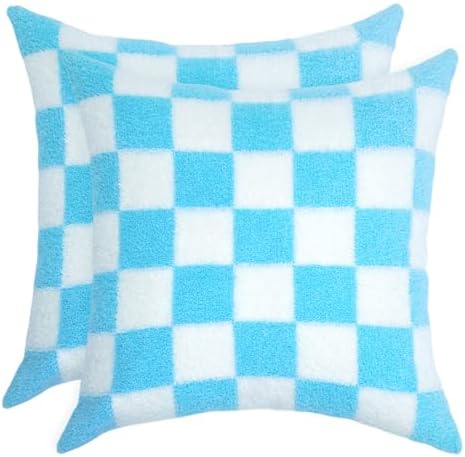 Alysheer Checkered Embroidered Throw Pillow Covers 18"x 18" 2pc Blue White