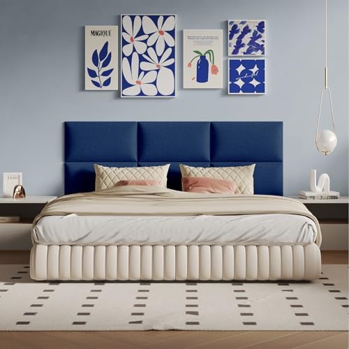 Plush Blue Cushioned Linen Headboard 24x12 Inch 9-Panel Set - Wall-Mounted Protection for Queen Beds, High-Density Foam Core