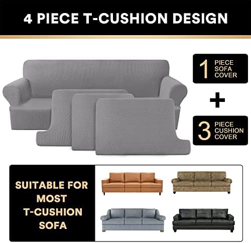 PrinceDeco T Cushion Sofa Slipcover 4 Pieces Sofa Covers for T Cushion Couch Soft Sofa Slip Covers Furniture Protector with 3 Individual T Shape Seat Covers (70"-88") Washable, Dove