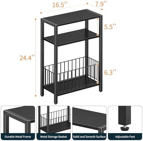 Narrow Side Table with Storage Basket Small End Table for Small Space,Black