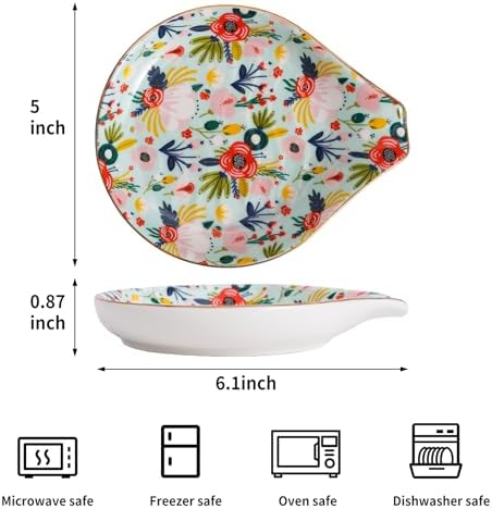 Ceramic Spoon Rest for Stove Top, 5 inch Gold Trim Spoon Holder for Kitchen Counter, Farmhouse Cooking Utensil Holder for Spoons, Ladles, Spatula, Mint Flowers