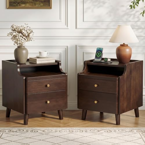 Nightstand Set of 2, Pre-Assembled, 19.7“H Solid Wood Night Stand with 2 Drawers, Open Sliding Shelf, Mid Century Modern Small Bedside Table for Bedroom, Black Walnut 16"