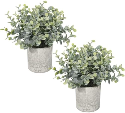 Velener 2 Pcs Small Fake Plants Eucalyptus, Artificial Plants Indoor for Shelf, Potted Eucalyptus Plants for Home/Bathroom/Pottery Barn/Desk/Farmhouse/Coffee Table Decor (Frosted Green)