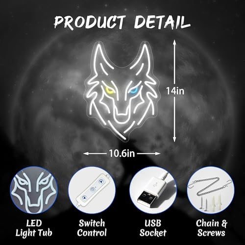 Wolf Neon Sign, Dimmable LED Wolf Wall Decor with Memory Dimmer
