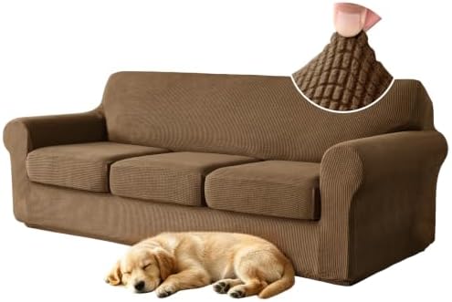 4 Pieces Stretch Couch Covers for 3 Cushion Sofa Cover Decorative Sofa Slipcover Non Slip Washable Thick Soft Elastic Furniture Protector for Pets,(Large, Coffee)