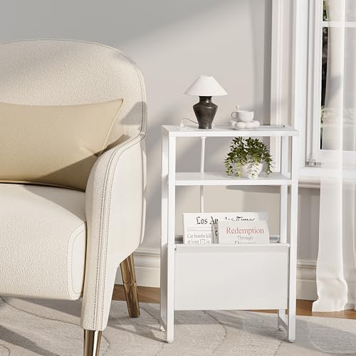 Narrow Side Table with Charging Station Slim End Table Sofa with Magazine Rack, Bedside Table for Small Spaces, 3 Tier Nightstand for Living Room Couch, Bedroom White LET503WE