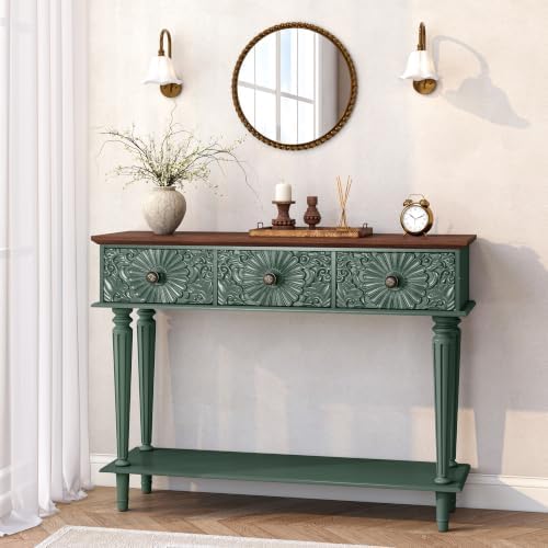 Vintage Console Table with 3 Embossed Floral Drawers for Entryway