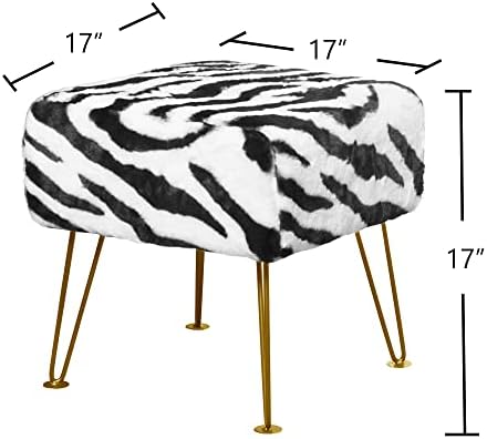 Zebra-Print Square Faux Fur Ottoman 17"x17"x17" Soft Fuzzy Entryway Bench Seat Sturdy Accent Coffee Table for Living Room Makeup Vanity Stool with Golden Legs for Bedroom Closet Foot Rest