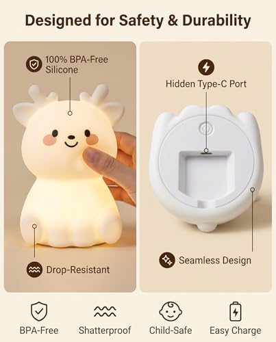Deer Night Light for Kids, Squishy Dimmable Lamp with Remote & Touch, 15/30/60m Timer 8-Color Nursery Nightlight, Rechargeable BPA-Free Breastfeeding Room Decor Gifts for Girls Boys