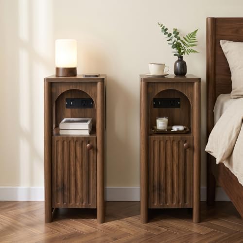 Narrow Nightstand Set of 2 with Charging Station Slim Bedside Table