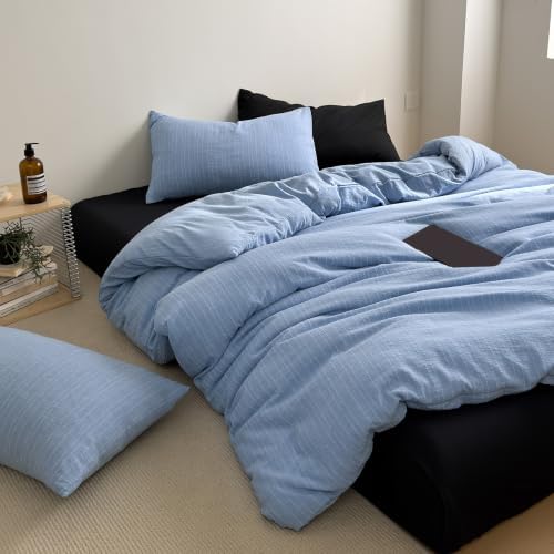 3Pcs Retro Blue Stripes Textured Duvet Cover Set Full Size, Zipper & Ties