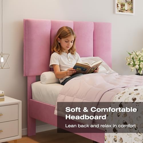 VECELO Twin Size Bed Frame with Upholstered Headboard, Velvet & Pink