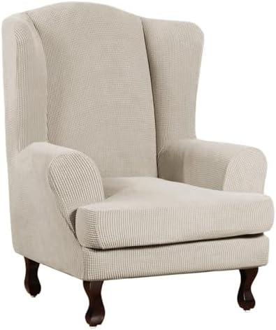 Turquoize Wingback Chair Covers 2 Piece Wing Chair Slipcover Stretch Slipcovers for Wingback Chairs Wing Chair Cover Spandex Jacquard Fabric with Elastic Bottom Non-Slip Furniture Cover, Island Fossi