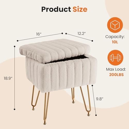 DUMOS Vanity Stool Chair, Ottoman with Storage, Makeup Cute Soft Small Footstool, Modern Style Faux Fur Seat with 4 Metal Legs & Adjustable Feet for Dressing, Living Room Bedroom Dorm, Taupe