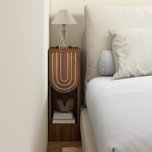 weselon Narrow Nightstands Set of 2, Mid-Century Modern Bedside Table with Carved Drawer and Storage Shelf, Farmhouse Slim Side End Table for Bedroom, Small Space (2, Walnut)