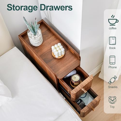 FurSch Narrow Nightstand, Wooden Small 2 Drawer Night Stand (Walnut-1 pc)