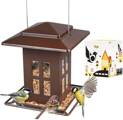 iBorn Bird Feeder for Outdoor Hanging,Metal Bird Feeder Hanging Outside for Cardinal, Double-Sided Hanger Wild Birdfeeder All Metal Constructions, Holds 2.3LB Seed, Bronze,8 Ports