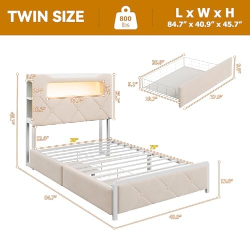 Twin Upholstered LED Bed Frame with 2 Storage Drawers and 2-Tier Storage Bookcase Headboard, Velvet Princess Platform Bed for Kids/Girls/Boys, Heavy Duty Metal Support, No Box Spring Needed, Beige