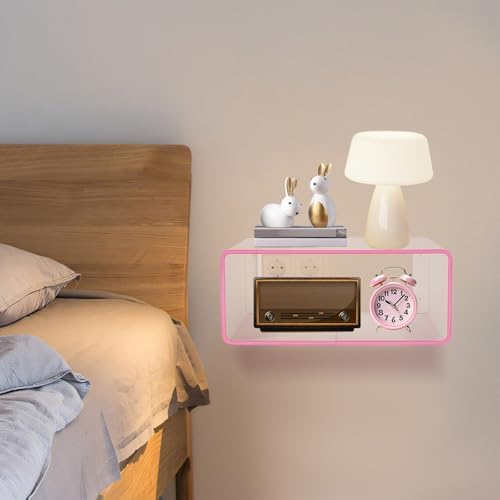 Acrylic Wall-Mounted Nightstand Floating Wall Nightstand Bedside Table Floating Side Table Wall Mounted Clear Shelf for Bedroom Bathroom (Pink)