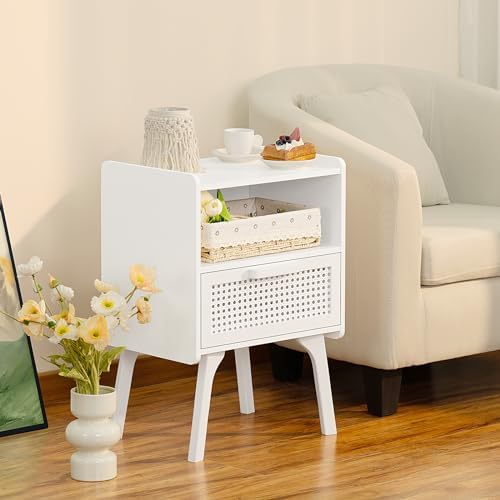 Lerliuo Rattan Nightstands Set of 2, Side Table with Drawer Open Shelf