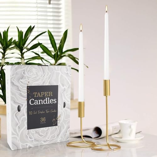 YOROXRG 36 Pack White Taper Candles, 7-8 Hours Burn Time, Unscented, Smokeless and Dripless, 0.8 x 10 Inch Dinner Candle Set for Household, Wedding, Party and Home Décor Candlesticks