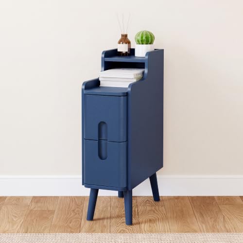 Narrow Nightstand, Wood 2 Drawer Small Nightstand, Slim Side Table, Modern Skinny End Bedside Table, Natural Wood Night Stand with Drawers for Bedroom (Blue-1 pc)