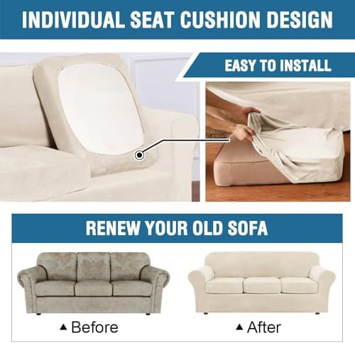 H.VERSAILTEX High Stretch Sofa Slipcover 4 Piece Cover Velvet Furniture Protector Form Fit Thick Velvet Extra Large Sofa Cover for 3 Cushion Couch Width Up to 97 Inch (Large Sofa, Butter Cream)