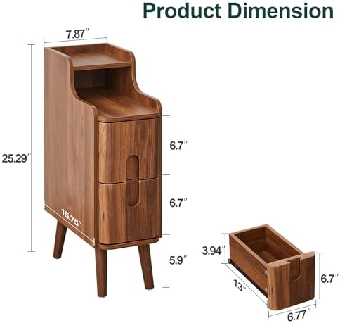 FurSch Narrow Nightstand, Wooden 2 Drawer, Walnut, 1 pc