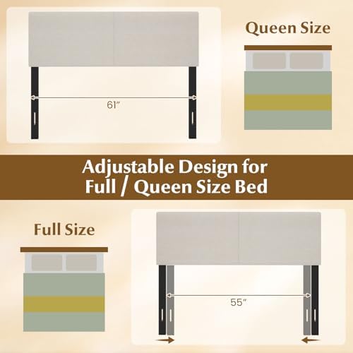 GIANTEX Linen Upholstered Headboard, Queen/Full Size Vertical Quilted Fabric Head Board with Wood Support Legs, Attach Frame, Width Adjustable Modern Bed Headboard Only (Beige)
