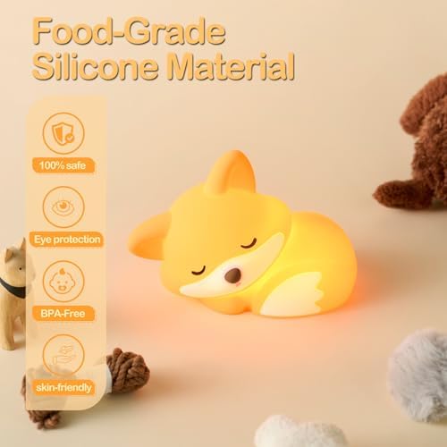 ATSUI Fox Night Light, LED Squishy Novelty Animal Lamp, Food Grade Silicone, 2 Level Dimmable, Nursery Nightlight for Desk Decor, Funny Gifts Stuff for Boys Girls Baby, White Elephant Gifts
