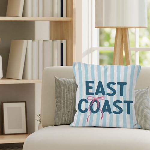 Blue East Coast Beach Throw Pillow Cover 18x18, Pink Bow Preppy Beach Decorative Pillow Covers for Girls Room Dorm Apartment, Coastal Beachy Striped Accent Pillows Cover Pillowcases