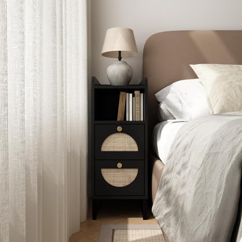 Narrow Nightstand for Small Spaces - 9.3" Slim Side Table with Rattan-Weave Drawers, Skinny Bedside Table with Open Shelf, Rustic Tall Thin Gap Filler for Bedroom & Sofa Side, Black, Set of 2