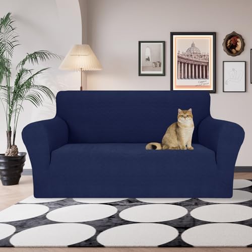 JIVINER Stretch Loveseat Slipcovers 1 Piece Love Seat Sofa Cover Spandex 2 Seater Couch Covers Universal Furniture Protector with Elastic Bottom (Navy Blue, Loveseat)