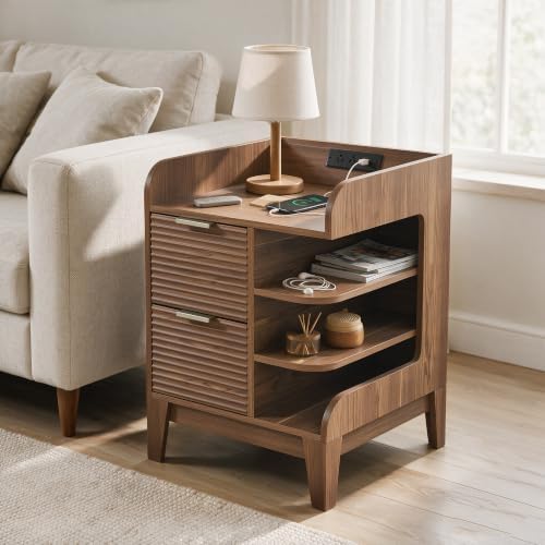 Nightstand with Charging Station, Fluted Night Stand with Drawers
