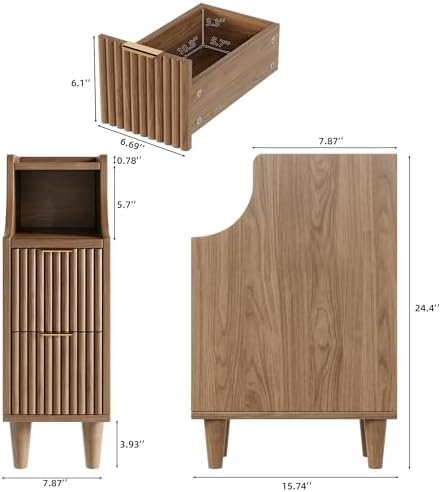 Fluted Nightstands Set of 2,Narrow Bedside Table with 2 Drawers & Storage, Farmhouse Walnut End Table Modern Side Table for Bedroom Livingroom Sofa Office