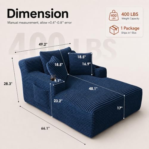 66" Chaise Lounge Chair Indoor, Corduroy Upholstered Reading Chair Oversized Boneless Chair with Deep Seat, Cloud Lounge Chair with 3 Pillows for Living Room, Bedroom, No Assembly Required