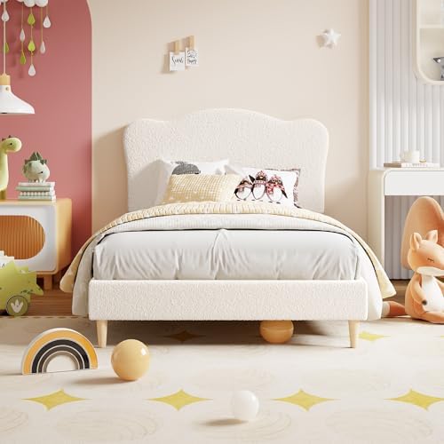 Garvee Upholstered Twin XL Size Bed Frame for Kids with Scallop Headboard, Cute Velvet Twin XL Bed for Girls, Boys, Sturdy Platform Bed, No Box Spring Needed, Wooden Slats, Noise Free, Beige