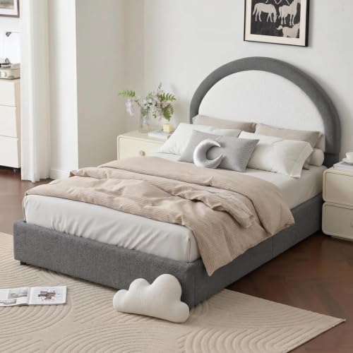 REVOMINCA Twin Bed Frames with Headboard, Boucle Upholstered Platform Bed Frame, Soft Rounded Corners, No Box Spring Needed, Easy Assembly, Grey&White