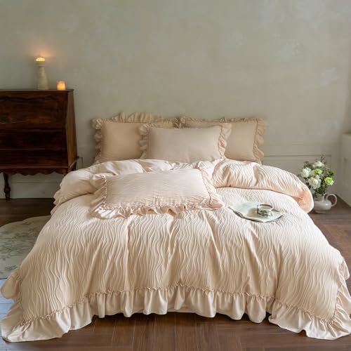 Vintage Ruffled Duvet Cover Full Size - 3Pcs Khaki Wavy Jacquard Bedding