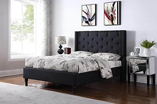 Full Upholstered Platform Bed Frame with 51" Tall Headboard - Button Tufted Cloth Bed - Wood Slat Support with Storage Space - No Box Spring Needed - Easy Assembly - Black - Oliver & Smith - Astor