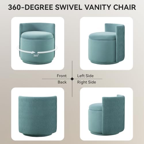 Large Velvet Vanity Chair, 360° Swivel Makeup Chair with Storage, Teal
