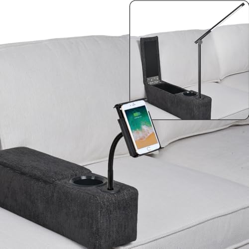 Multifunctional Sofa Armrest, Couch Armrest with Cup Holder, Removable Sofa Caddy with Storage,Equipped with LED Reading Light&Wireless Charge Stand, Black
