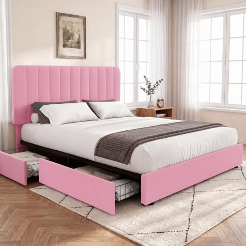 VECELO Full Size Upholstered Bed Frame with 4 Drawers and Headboard, Velvet Platform Storage Bedframe, Wooden Slats Support, No Box Spring Needed,Pink