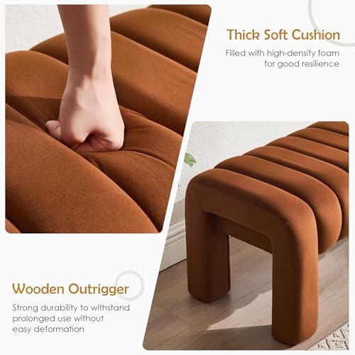 63" Bedroom Bench, Upholstered Entryway Bench, Modern End of Bed Ottoman with Solid Wood Legs and Adjustable Foot Pegs for Entryway, Dining Room and Living Room (Brown Velvet)