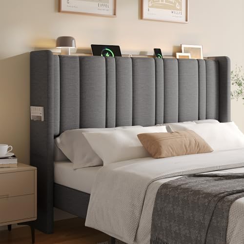 ONBRILL Queen Size Headboard with Storage, LED Light, Grey