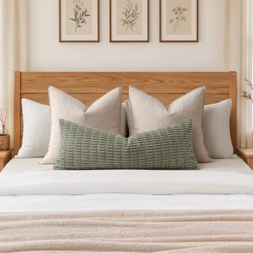 MIULEE Lumbar Corduroy Throw Pillow Cover for Bed 14x36 Light Olive Green